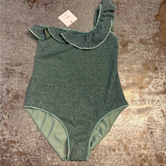 One-Shoulder Ruffle Swimsuit oseree x ouna swim girls lurex aqua size 10
